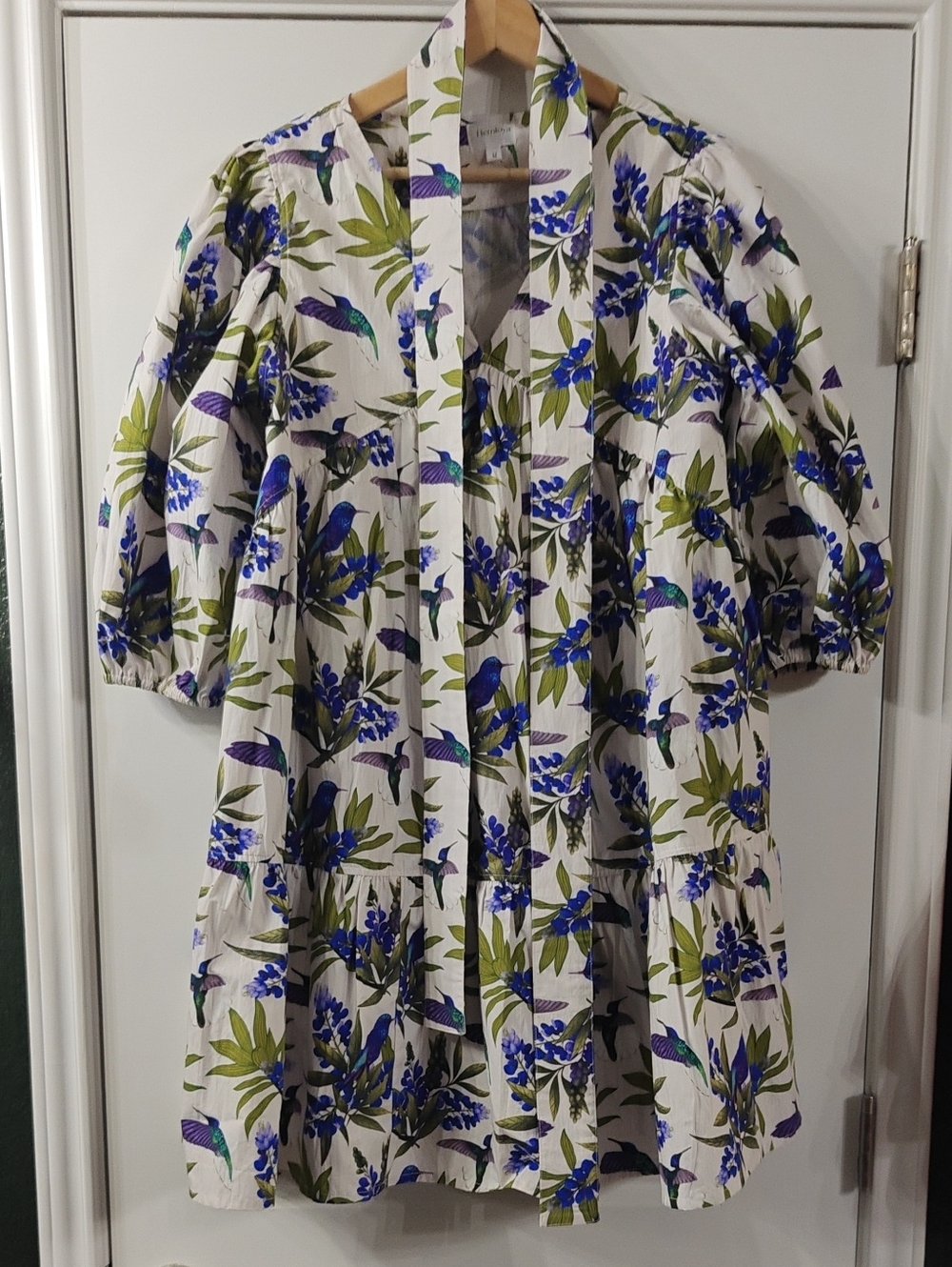 NWOT - White Floral & Blue Bird Tiered Casual Dress with Puff Sleeves